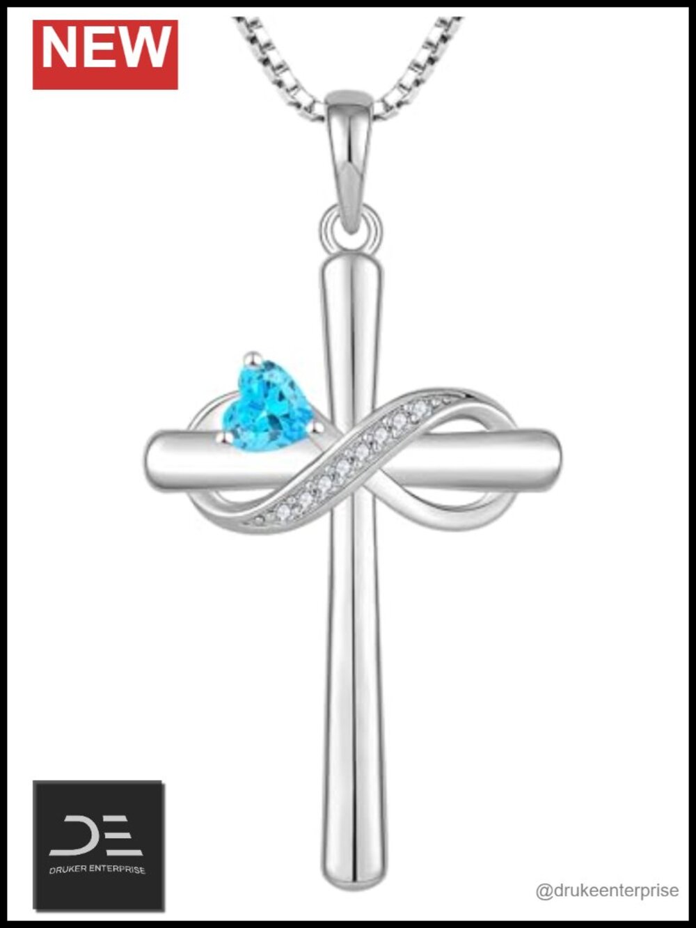 Sterling Silver Rhodium Plated Cross Pendant Necklace with Heart Aquamarine